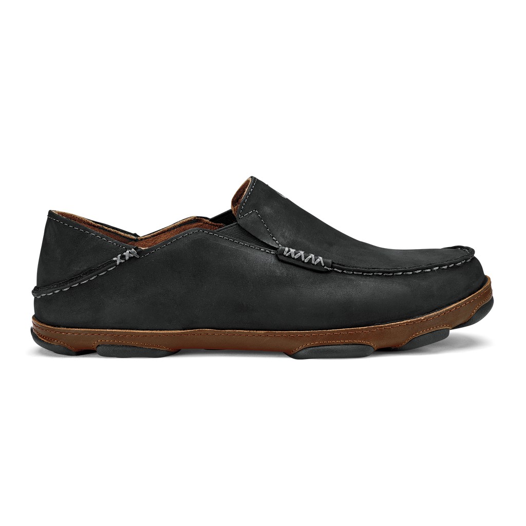 Olukai Mens Moloa Antiqued Leather Slip-On Shoes - Black ( Singapore 375-RXTPYV )